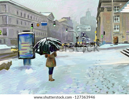 digital art painting of winter city landscape
