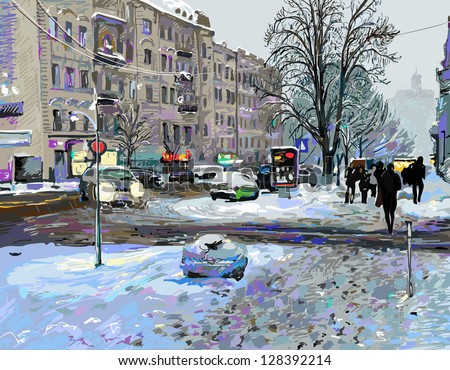 digital painting of winter Kiev city landscape, Ukraine, slush and snow weather, vector version