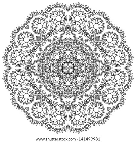 Circle lace black and white ornament, round ornamental geometric doily pattern, raster version