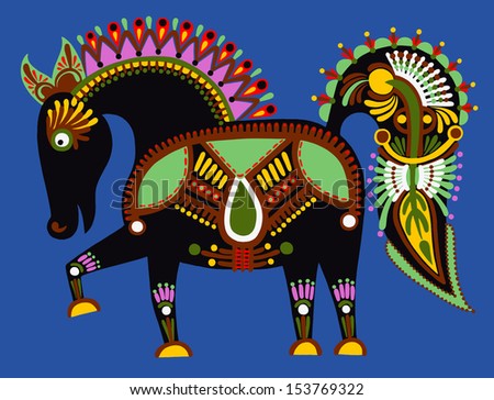 original ukrainian tribal animal painting, decorative horse
