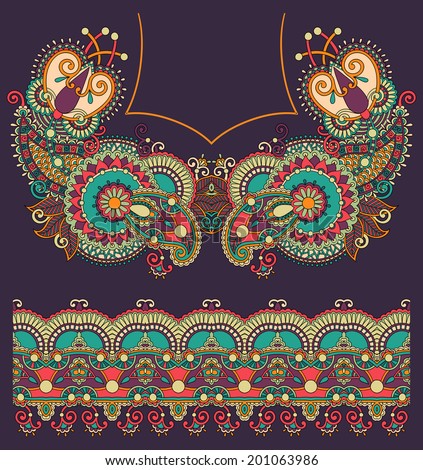 Neckline ornate floral paisley embroidery fashion design, ukrainian ethnic style. Good design for print clothes or shirt, raster version
