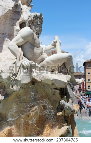 Detail of Fountain of the Four Rivers in Navona Square of Rome, Italy. The fountain was designed by Bernini in 1651