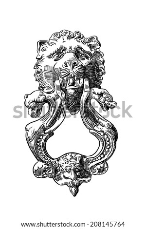 door old antique handle at Rome, Italy, drawn by me, head lion door knocker, black and white vintage  illustration