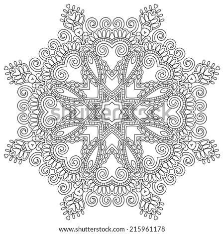 Circle lace ornament, round ornamental geometric doily pattern, black and white collection. raster version