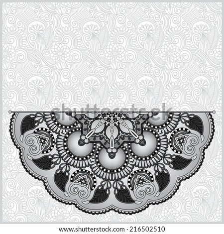 Circle grey lace ornament, round ornamental geometric doily pattern, black and white collection, raster version