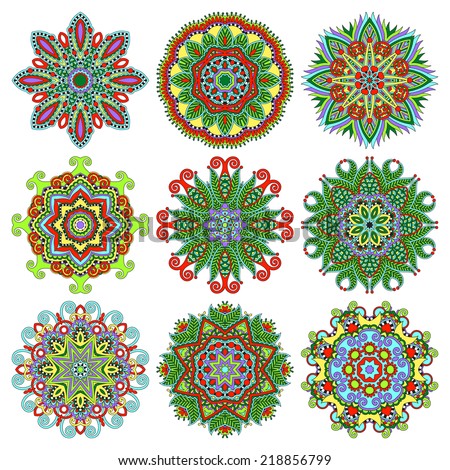 Circle lace ornament, round ornamental geometric doily pattern collection. Raster version
