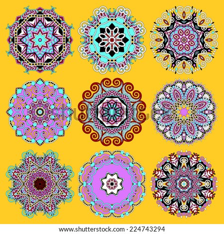Circle lace ornament, round ornamental geometric doily pattern collection. Raster version