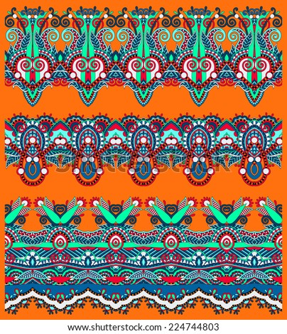 seamless ethnic floral paisley stripe pattern, border set, ukrainian tribal ornament for print or embroidery ribbon, or for the design of polygraphy or web, raster version