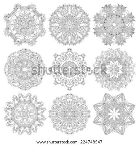 Circle lace ornament, round ornamental geometric doily pattern, black and white collection. Raster version