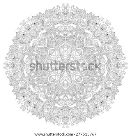 Circle lace ornament, round ornamental geometric doily pattern, black and white collection. raster version
