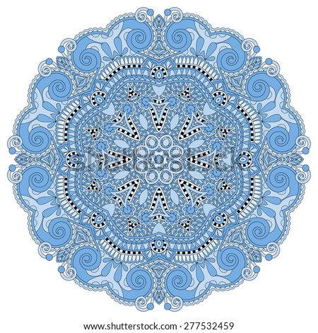 blue colour circle lace ornament, round ornamental geometric doily pattern, raster version