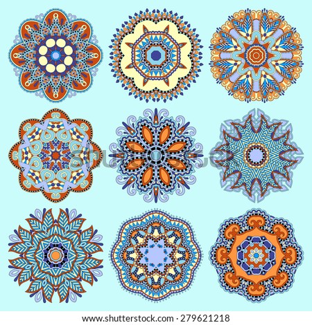 Circle lace ornament, round ornamental geometric doily pattern collection.  raster version illustration in blue color