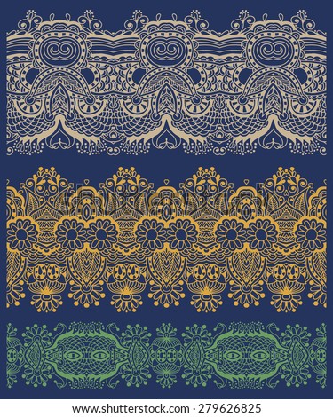 seamless ethnic floral paisley stripe pattern, border set, ukrainian tribal ornament for print or embroidery ribbon, or for the design of polygraphy or web,  raster version illustration