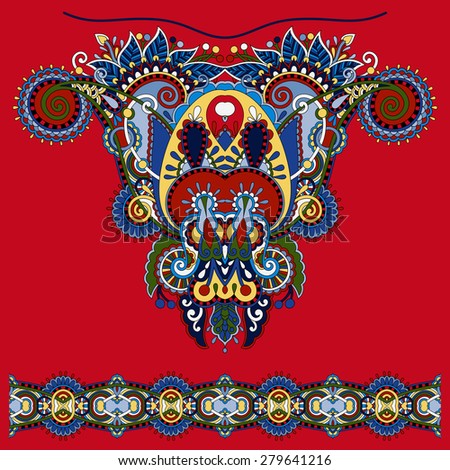 Neckline ornate floral paisley embroidery fashion design, ukrainian ethnic style. Good design for print clothes or shirt.  raster version illustration on red