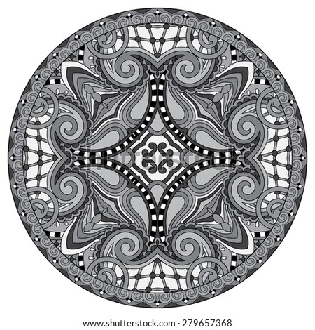 Circle lace ornament, round grey ornamental geometric doily pattern, black and white collection,  raster version  illustration
