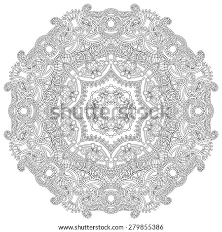 Circle lace ornament, round ornamental geometric doily pattern, black and white collection,  raster version illustration
