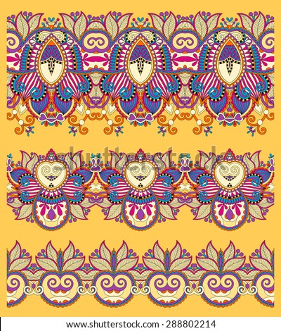 seamless ethnic yellow paisley stripe pattern, border set, ukrainian tribal ornament for print or embroidery ribbon, or for the design of polygraphy or web