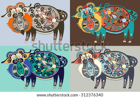 unusual Ukrainian traditional tribal art in karakoko style, folk ethnic animal - wild boar, four colors version vector illustration