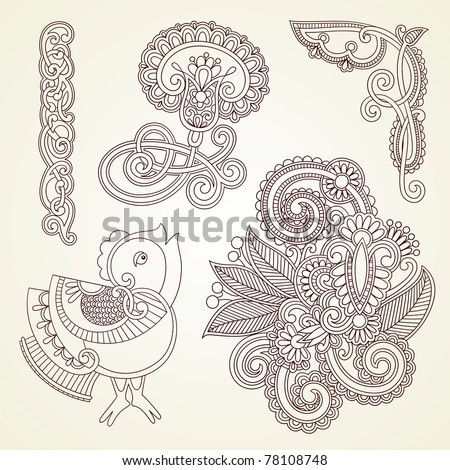 stock vector Handdrawn abstract henna mendie flowers and bird doodle 