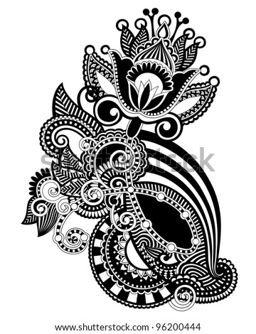 Hand draw line art ornate flower design. Ukrainian traditional style - stock vector