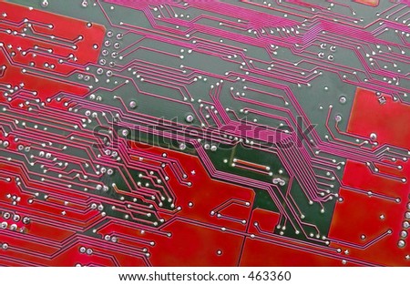 Detail of circuit board, solderings, paths.