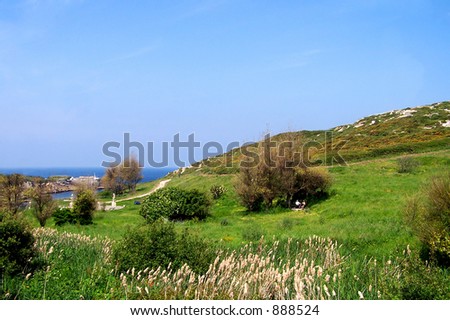 A very relaxing mediterranean landscape next to the beach, you can see the sea at the distance.