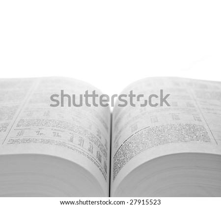 Open science book. Isolated on white. White space at the top. Focus at the bottom.