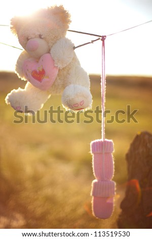 Fluffy white bear holding a heart, baby pink wool gloves hanging on a rope. Against the background of yellowed grass and blue sky. Early autumn.