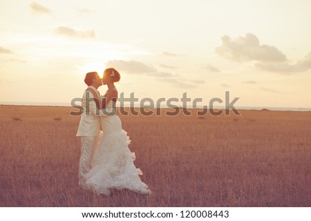 Young couple in love bride and groom posing in a field with yellow grass on sunset background in their wedding day in the summer. Series.