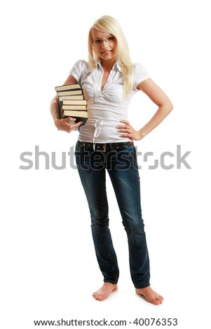 Young woman picking out several books for pleasure reading, isolated on white background