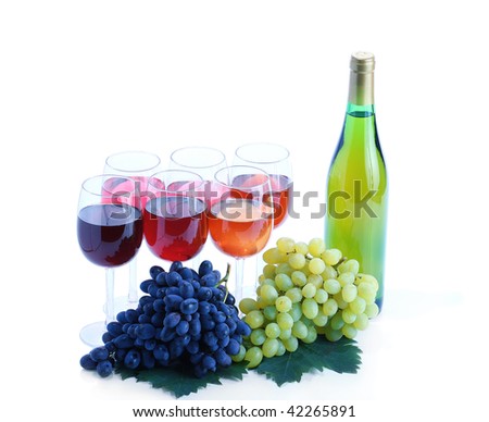 Grape cluster and wine, white background