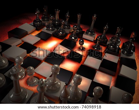 Chess set on red-hot lava. Concept: rules change.