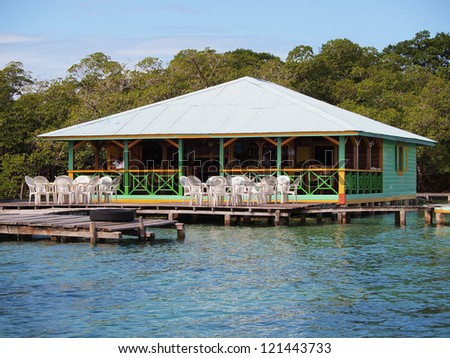 Typical Caribbean restaurant bar over the water, Coral cay, Bocas del Toro, Panama