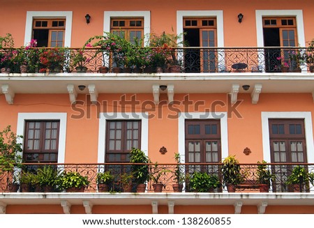 Detail of a colonial house. balcony with flowers and plants, Casco Viejo, Panama City, Panama