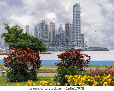 Skyscrapers With Colorful Tropical Plants And A Stormy Sky, Panama City, Panama, Central America