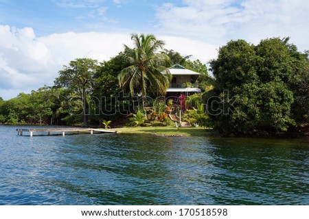Secluded house with dock and garden on an tropical island, Caribbean sea, Panama