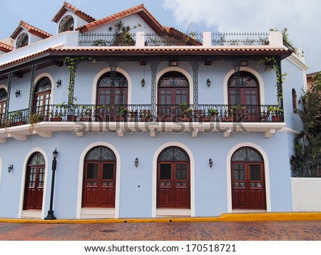 Beautiful Spanish colonial house with wrought iron and plants, Casco Viejo, Panama City, Panama
