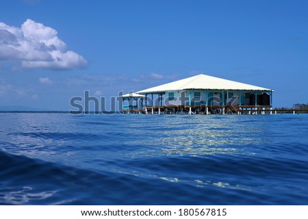 From water surface, Caribbean house on stilts over water, Panama, Central America