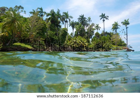 tropical island with lush vegetation and a boat on mooring buoy