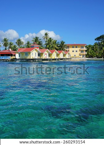 Caribbean resort with cabins over the sea, Carenero island, Bocas del toro, Panama, Central America