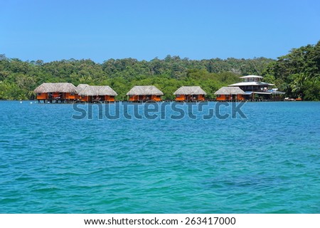 Tropical resort with bungalows over the sea, Caribbean, Bastimentos island, Bocas del Toro, Panama
