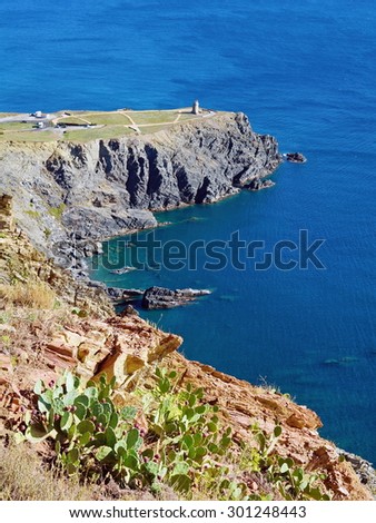 Rocky coast with the Cap Cerbere at the border between Spain and France, Mediterranean sea