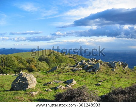 Viewpoint from the Albera massif at the border between Spain and France with the Mediterranean sea and the gulf of Rosas in background, Pyrenees