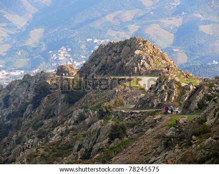 Curvy mountain road near Banyuls sur Mer, Mediterranean, Pyrenees Orientales, Roussillon, France