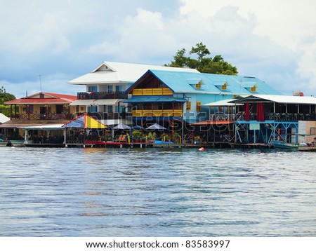 Caribbean hotels and restaurants over the water, Colon island, Caribbean sea, Bocas del Toro, Panama