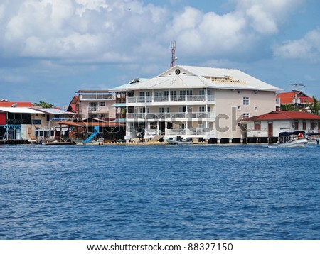 Coastal town with hotel over the sea, Colon island, Caribbean, Bocas del Toro, Panama
