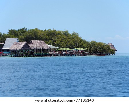 Island with tropical restaurant bar over the sea, Crawl Cay, Caribbean, Bocas del Toro, Panama