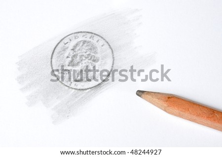 Pencil drawing quarter dollar coin on white paper