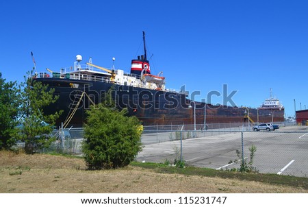 A large ocean going bulk freighter in the harbour of Hamilton, Ontario, Canada.