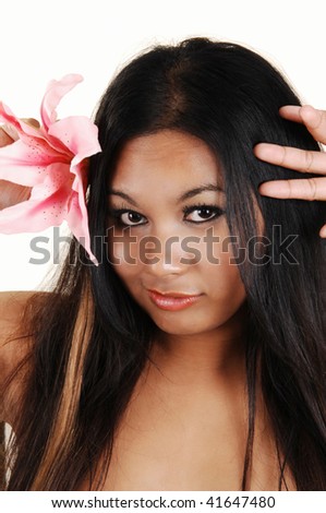 stock photo Lovely Asian lady topless holding a pink flower in her long